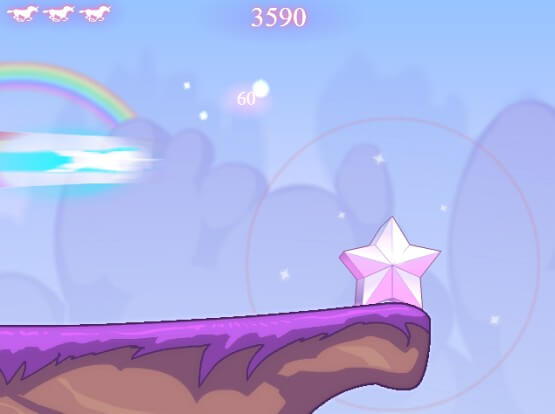 You race a magical robotic unicorn across a purple landscape and smash stars before they can smash you. Collect butterfly fairies as you go, leaping majestically from platform to platform and dashing through the glass stars that block your path. You have but three tries to realize your dreams of a high score. Use them wisely.